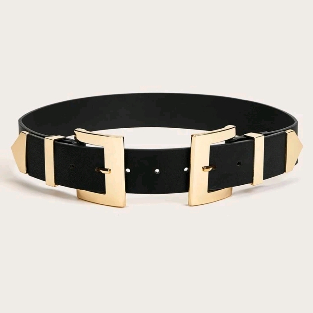 Gold Chunky double buckle Black vegan leather wide waist corset belt - Picture 5 of 16